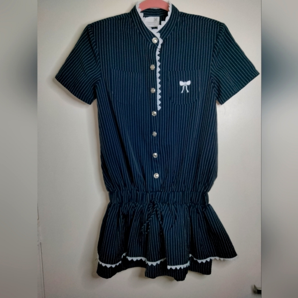 CHOUCHOU (Size S) Navy Striped Lace Trim Silver Button Down Front SS Romper
